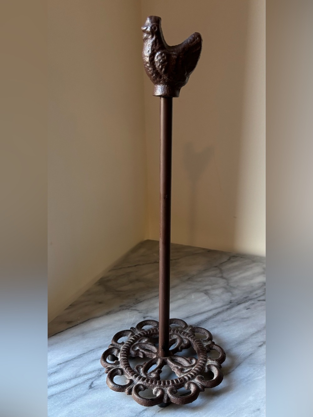 Rustic Cast Iron Rooster Paper Towel Holder Aged Copper Finish 15” High